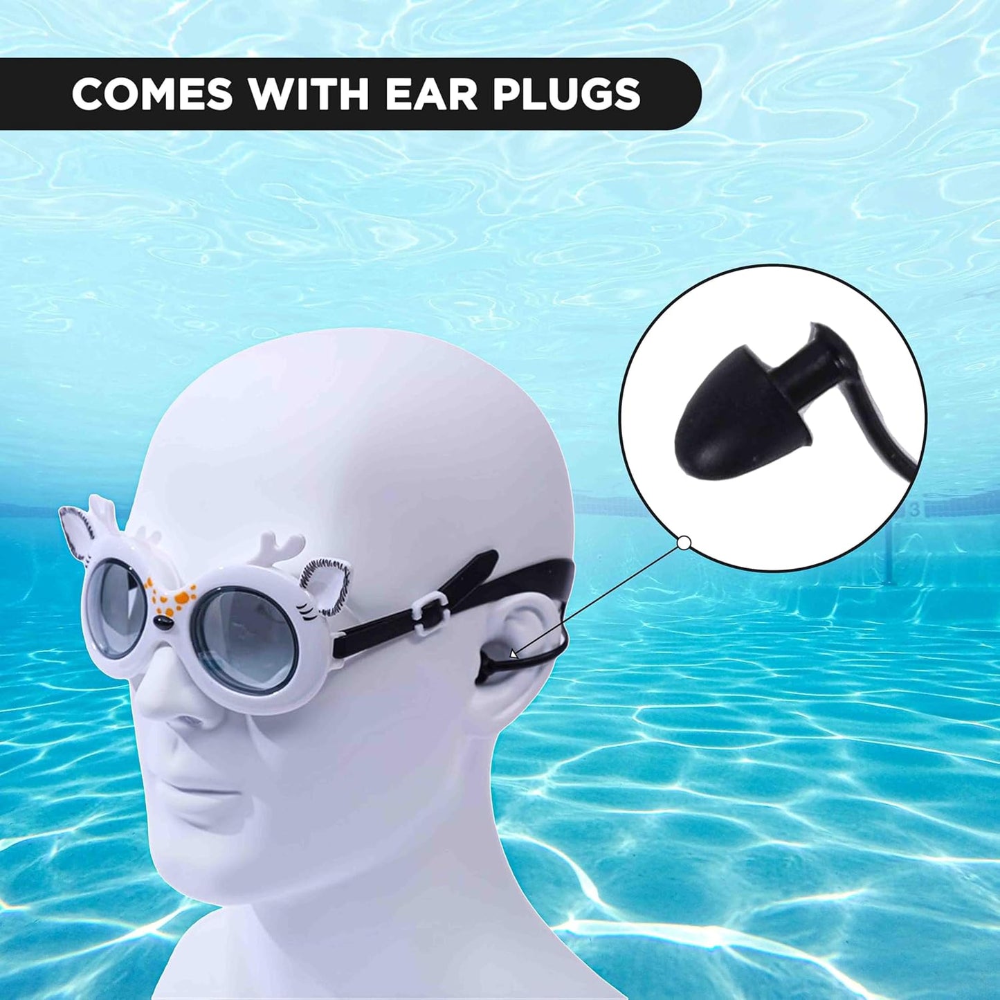 ENDLESS EL1003 Children Swimming Goggle with Anti-Fog and UV Protection | Material: Silicon, PU | Attached Ear Buds and Adjustable Strap | Soft Silicone Gasket for Leak Proof | With Hard Case