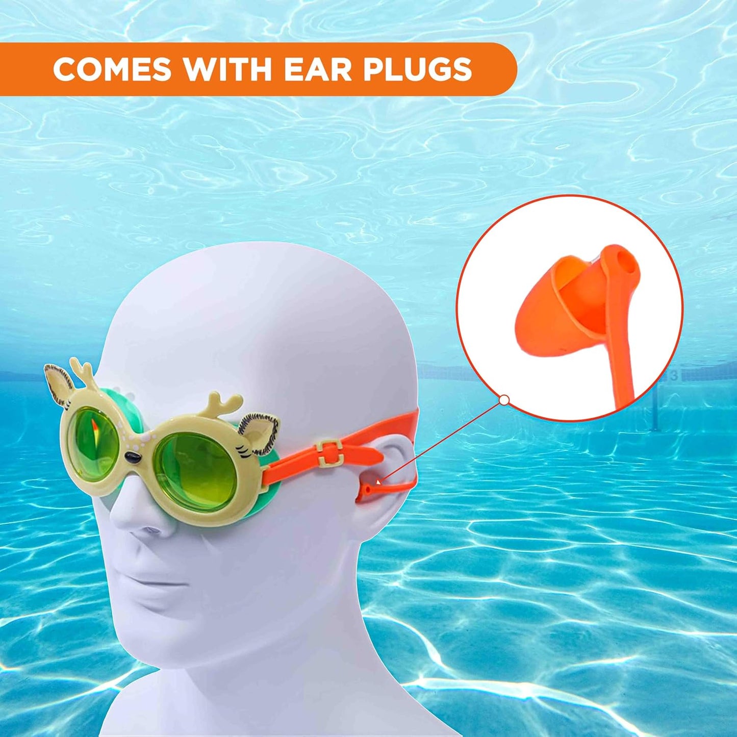 ENDLESS EL1003 Children Swimming Goggle with Anti-Fog and UV Protection | Material: Silicon, PU | Attached Ear Buds and Adjustable Strap | Soft Silicone Gasket for Leak Proof | With Hard Case