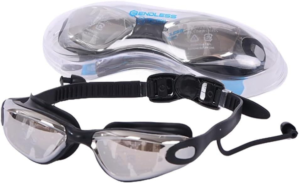 ENDLESS EL1005 Stylish Swimming Goggle with Anti-Fog and UV Protection | Material: Silicon, PU | Attached Ear Buds and Adjustable Strap | Soft Silicone Gasket for Leak Proof | With Hard Case