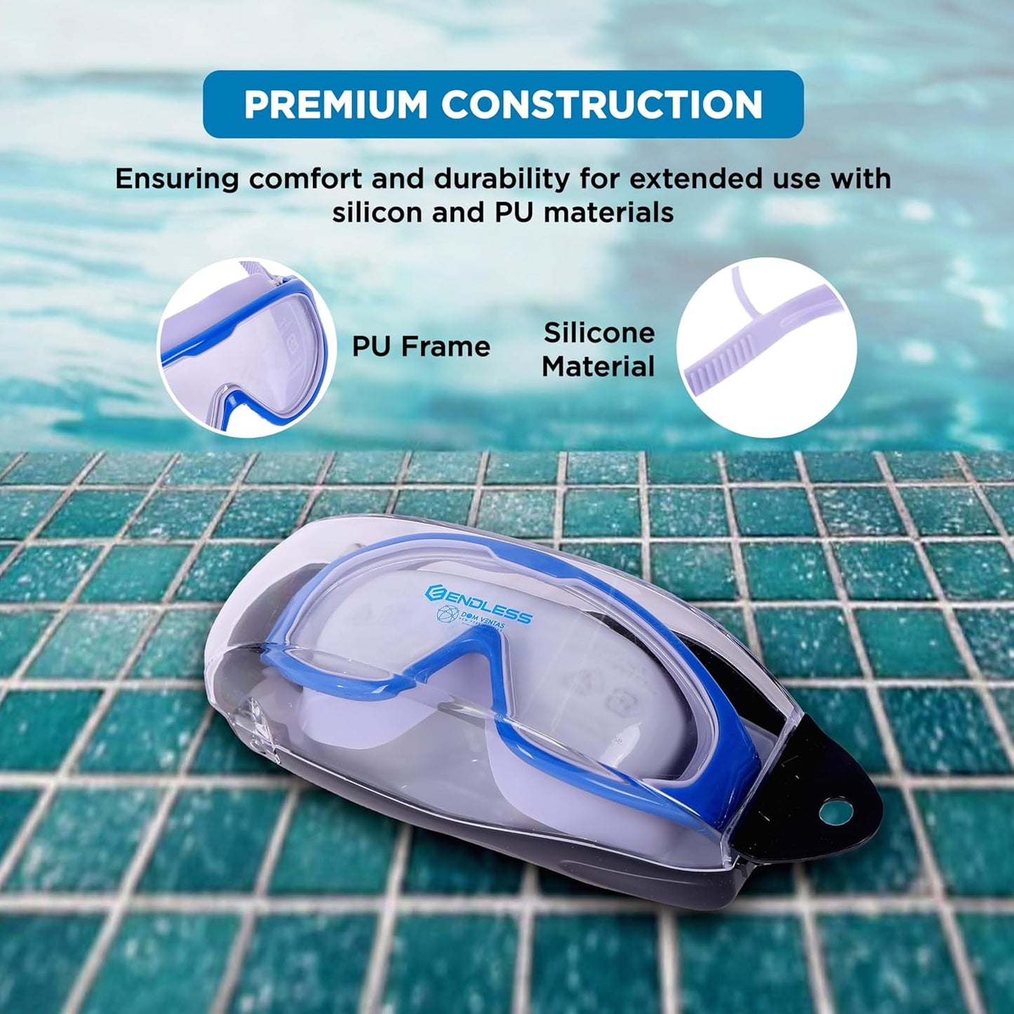 Endless EL1009 Premium Swimming Goggle with Anti-Fog and UV Protection | Material: Silicon, PU | Stylish Big Frame for more Visibility | Soft Silicone Gasket for Leak Proof | With Hard Case