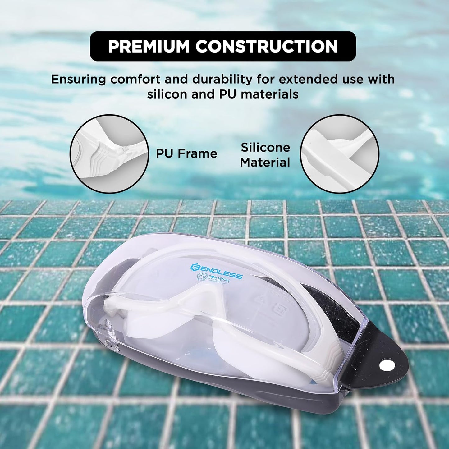 Endless EL1009 Premium Swimming Goggle with Anti-Fog and UV Protection | Material: Silicon, PU | Stylish Big Frame for more Visibility | Soft Silicone Gasket for Leak Proof | With Hard Case