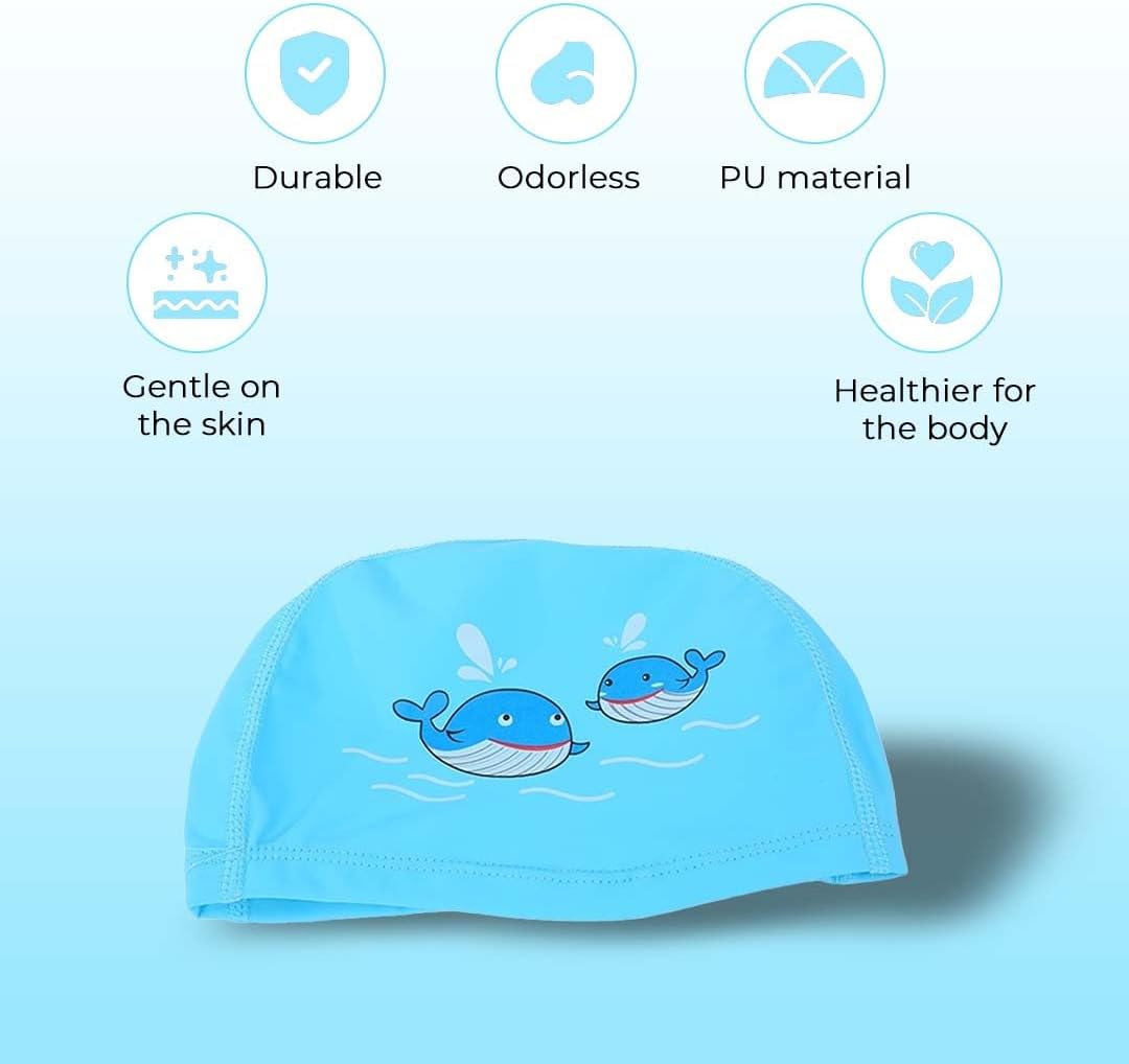 Endless EL1017 Comfortable PU Swimming Cap with Cartoon Design | Material : PU | Elastic Waterproof Swimming Cap for Long and Short Hair with Thicker Edge | For Children