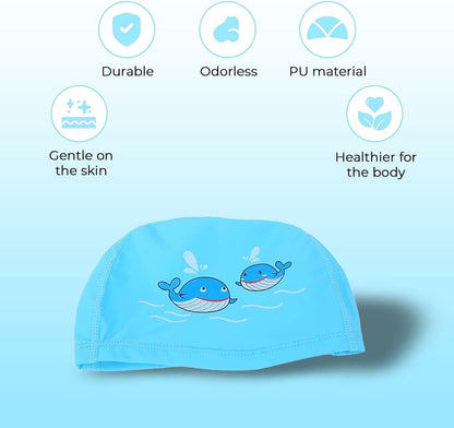 Endless EL1017 Comfortable PU Swimming Cap with Cartoon Design | Material : PU | Elastic Waterproof Swimming Cap for Long and Short Hair with Thicker Edge | For Children