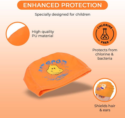 Endless EL1017 Comfortable PU Swimming Cap with Cartoon Design | Material : PU | Elastic Waterproof Swimming Cap for Long and Short Hair with Thicker Edge | For Children