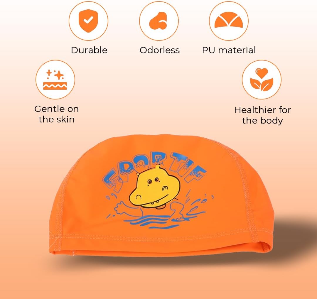 Endless EL1017 Comfortable PU Swimming Cap with Cartoon Design | Material : PU | Elastic Waterproof Swimming Cap for Long and Short Hair with Thicker Edge | For Children