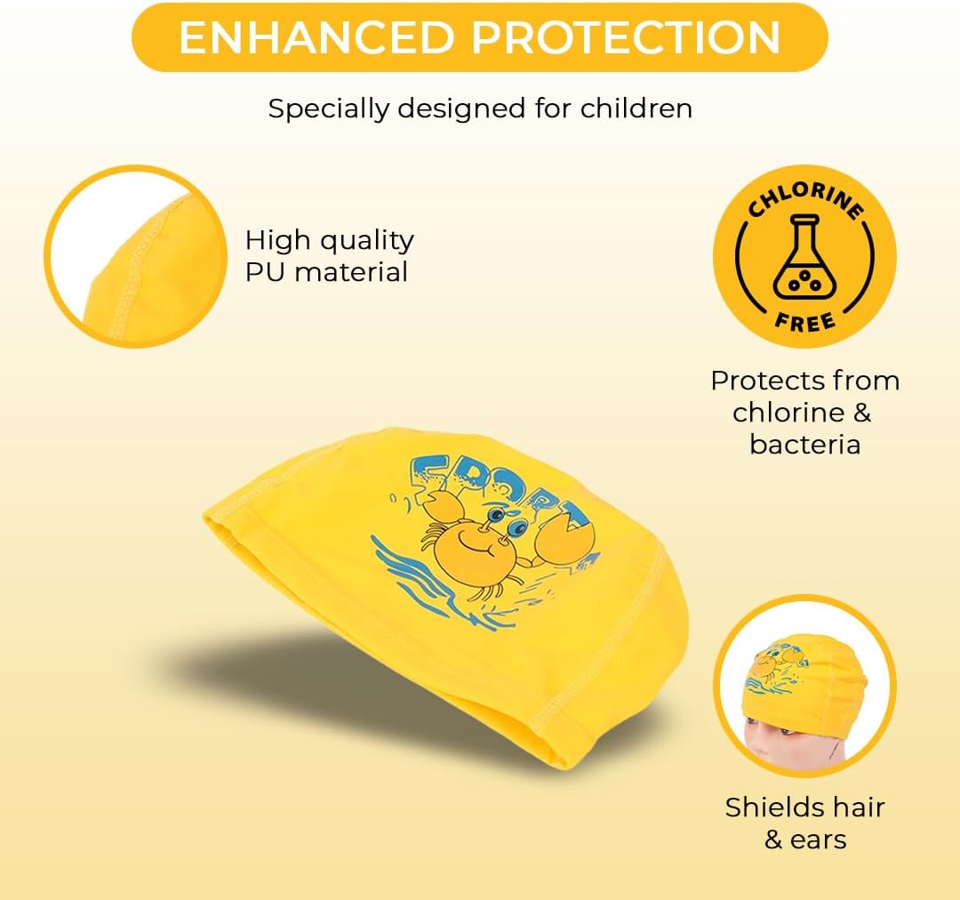 Endless EL1017 Comfortable PU Swimming Cap with Cartoon Design | Material : PU | Elastic Waterproof Swimming Cap for Long and Short Hair with Thicker Edge | For Children