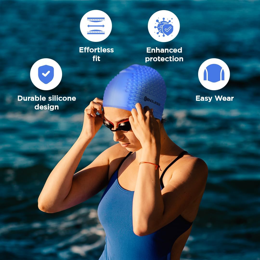 Endless EL1021 Comfortable Silicon Swimming Cap with Bubble Design | Elastic Waterproof Swimming Cap for Long and Short Hair with Thicker Edge | For Adults, Women and Men|Free Size|Material : Silicon