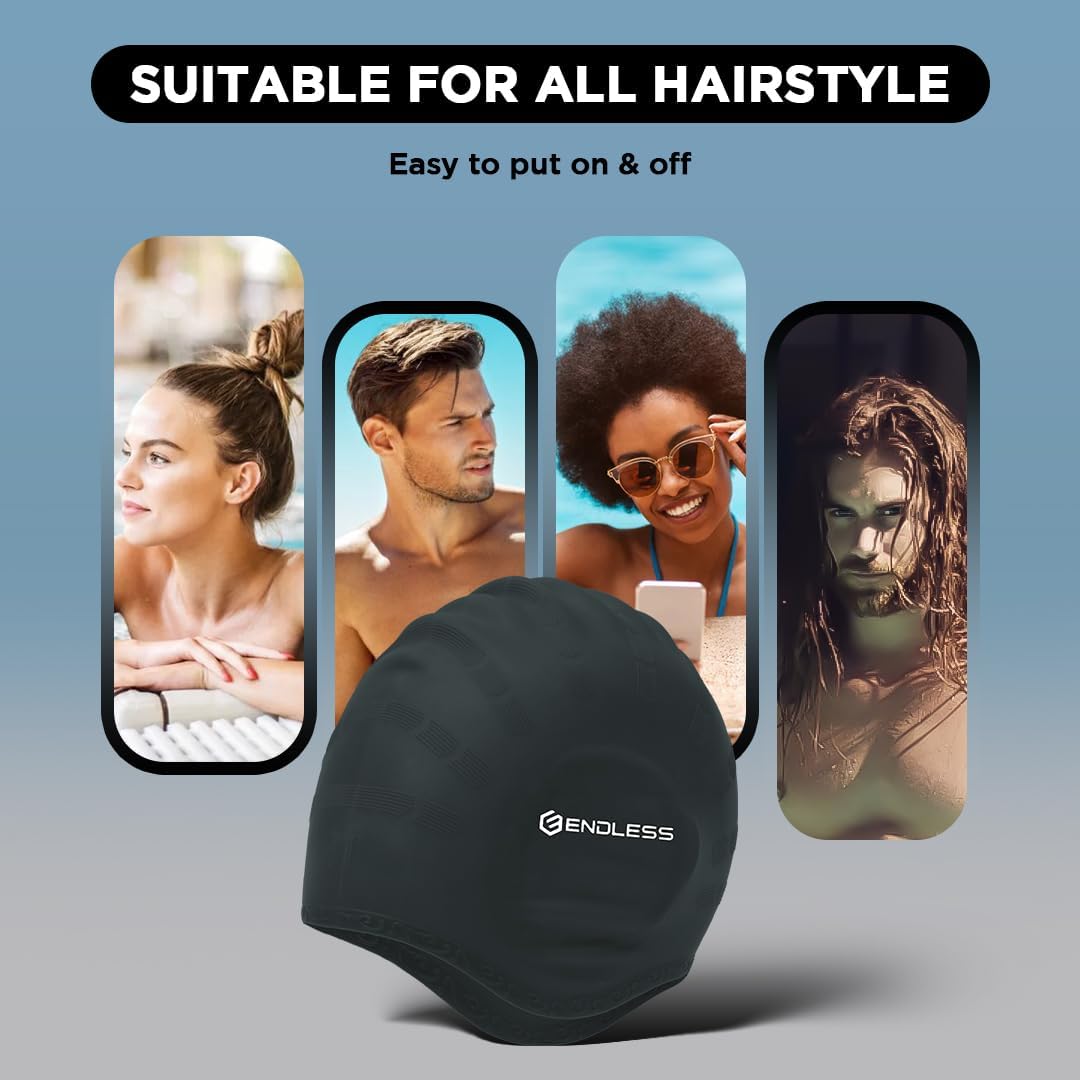 Endless EL1023 Comfortable Silicon Swimming Cap with Ergonomic Ear Pockets | Material : Silicon | Fully Elastic Waterproof Cap for Long and Short Hair with Thicker Edge | For Women and Men