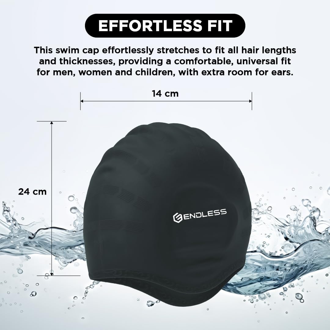 Endless EL1023 Comfortable Silicon Swimming Cap with Ergonomic Ear Pockets | Material : Silicon | Fully Elastic Waterproof Cap for Long and Short Hair with Thicker Edge | For Women and Men