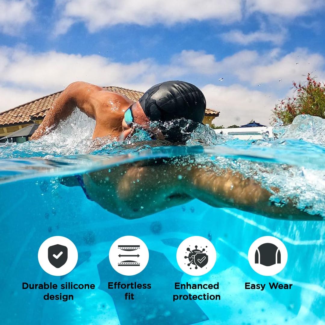 Endless EL1023 Comfortable Silicon Swimming Cap with Ergonomic Ear Pockets | Material : Silicon | Fully Elastic Waterproof Cap for Long and Short Hair with Thicker Edge | For Women and Men