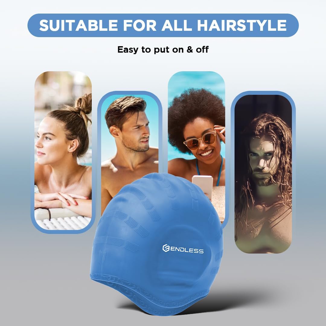 Endless EL1023 Comfortable Silicon Swimming Cap with Ergonomic Ear Pockets | Material : Silicon | Fully Elastic Waterproof Cap for Long and Short Hair with Thicker Edge | For Women and Men