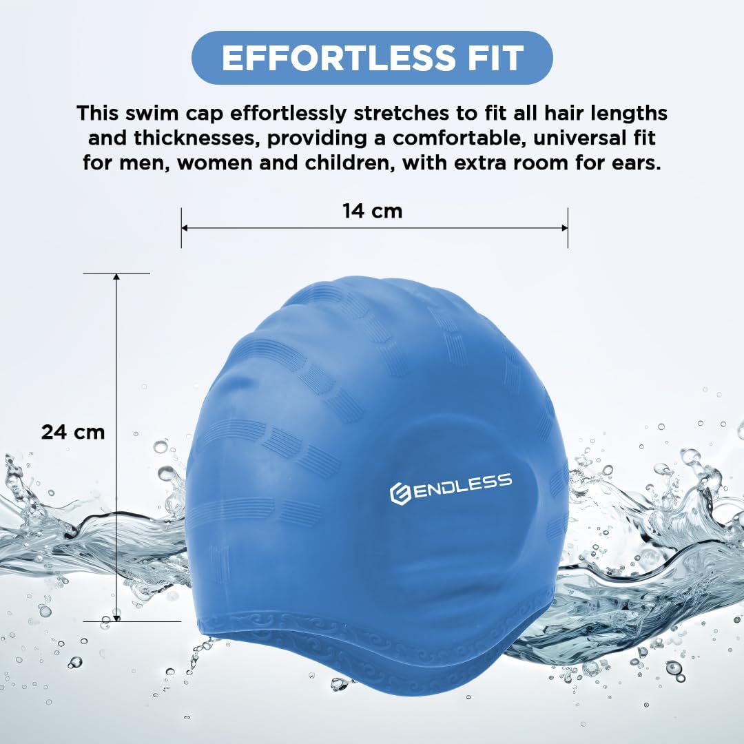 Endless EL1023 Comfortable Silicon Swimming Cap with Ergonomic Ear Pockets | Material : Silicon | Fully Elastic Waterproof Cap for Long and Short Hair with Thicker Edge | For Women and Men
