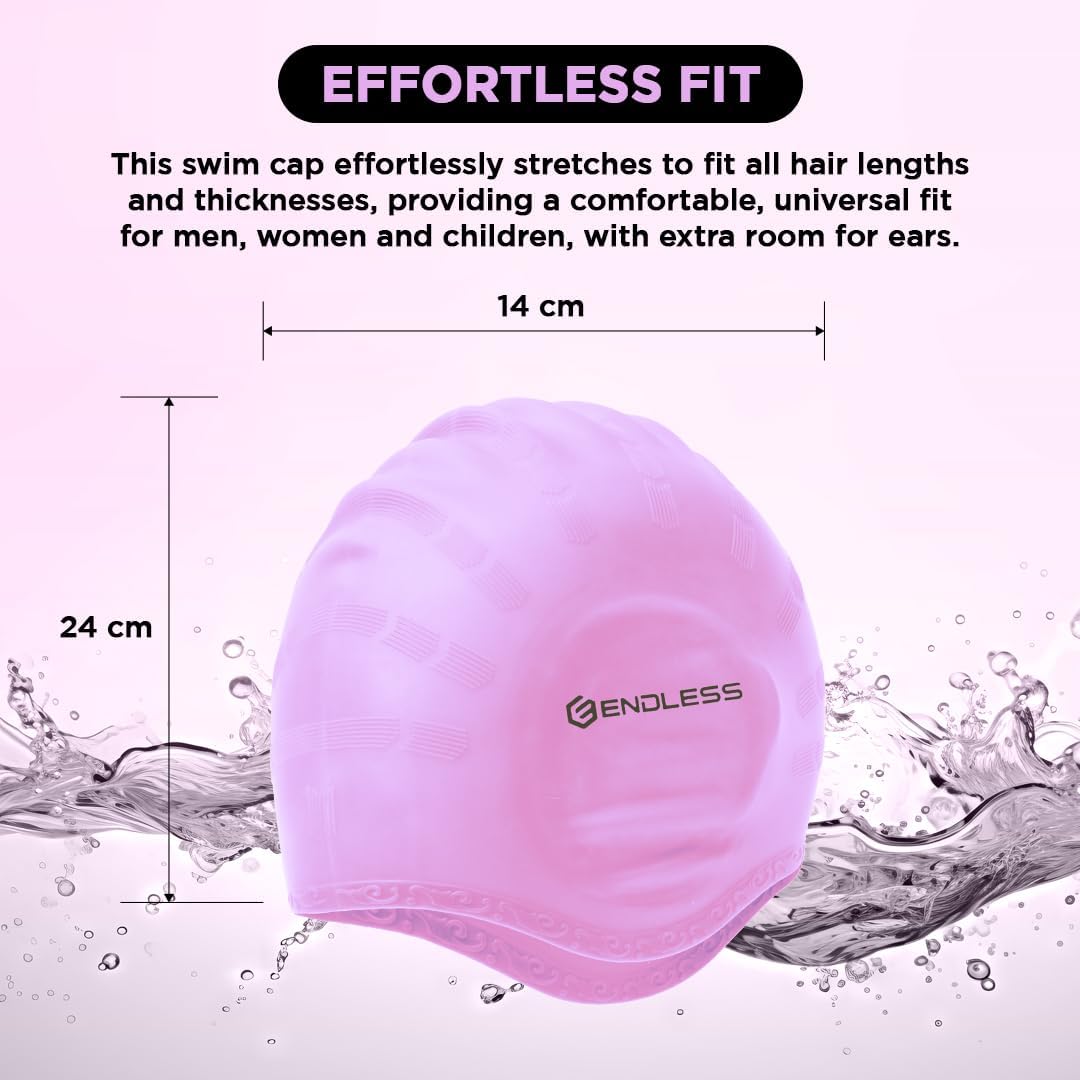 Endless EL1023 Comfortable Silicon Swimming Cap with Ergonomic Ear Pockets | Material : Silicon | Fully Elastic Waterproof Cap for Long and Short Hair with Thicker Edge | For Women and Men