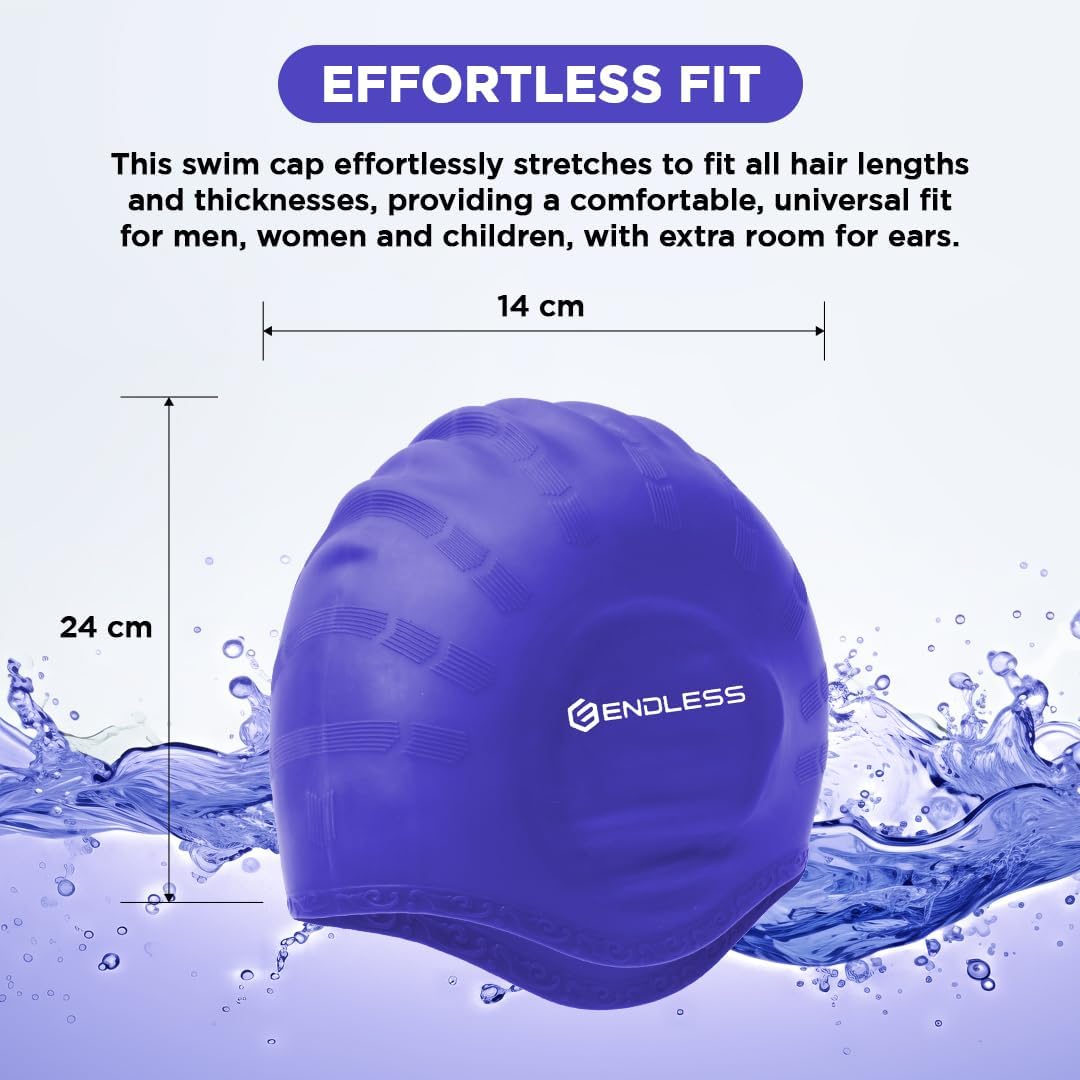 Endless EL1023 Comfortable Silicon Swimming Cap with Ergonomic Ear Pockets | Material : Silicon | Fully Elastic Waterproof Cap for Long and Short Hair with Thicker Edge | For Women and Men