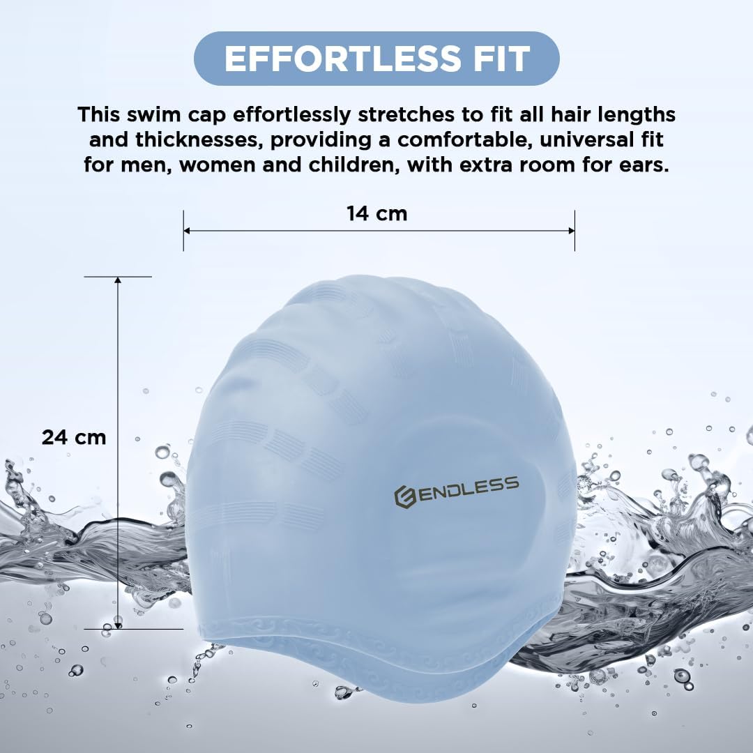 Endless EL1023 Comfortable Silicon Swimming Cap with Ergonomic Ear Pockets | Material : Silicon | Fully Elastic Waterproof Cap for Long and Short Hair with Thicker Edge | For Women and Men