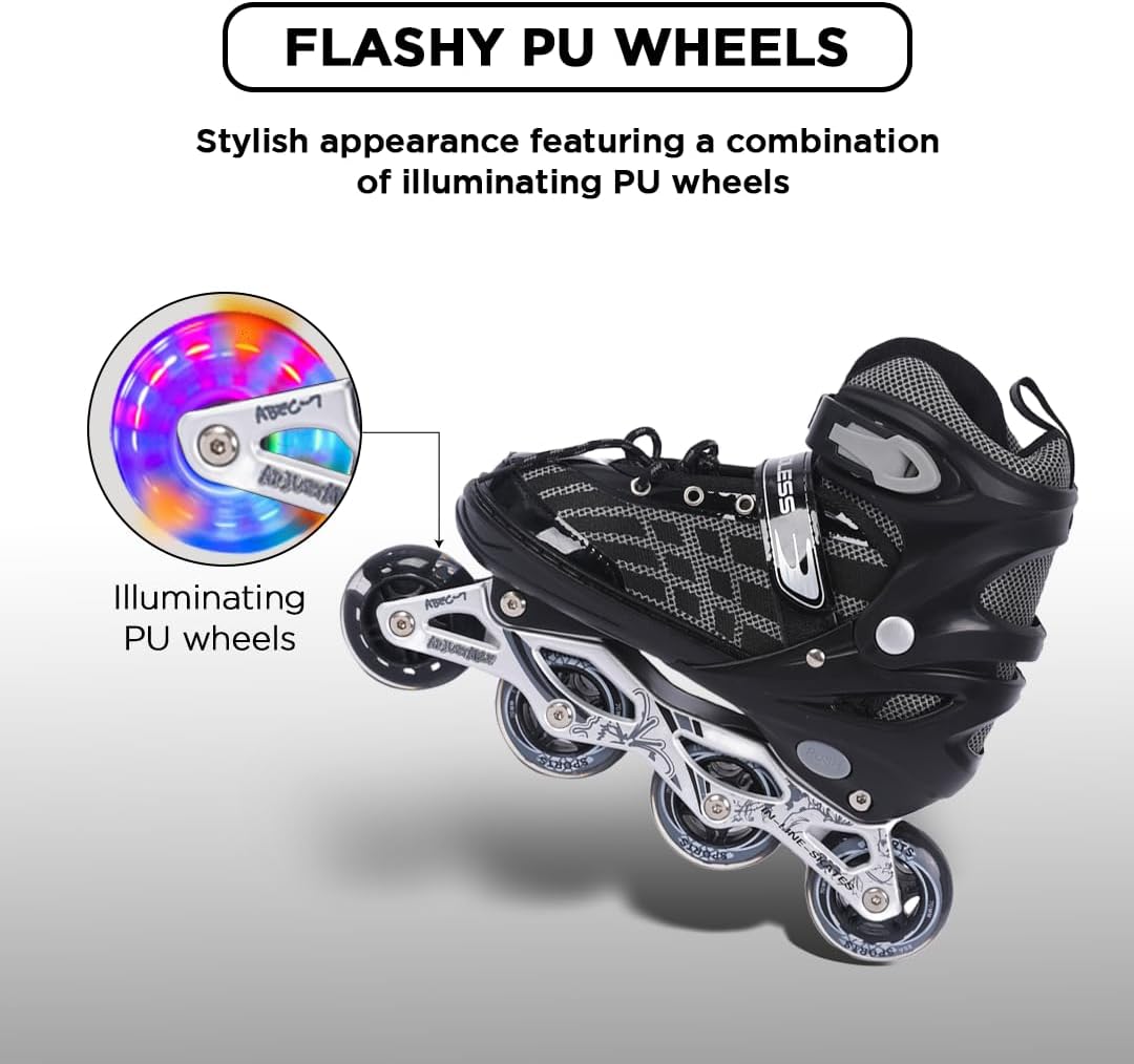Endless EL1025 Inline Adjustable Skates Aluminium Chassis, 70mm PU Wheels, ABEC 7 Bearings, Flashing Front Wheel