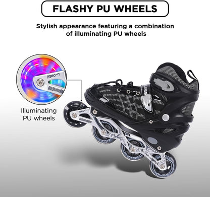 Endless EL1025 Inline Adjustable Skates Aluminium Chassis, 70mm PU Wheels, ABEC 7 Bearings, Flashing Front Wheel