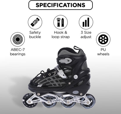 Endless EL1025 Inline Adjustable Skates Aluminium Chassis, 70mm PU Wheels, ABEC 7 Bearings, Flashing Front Wheel