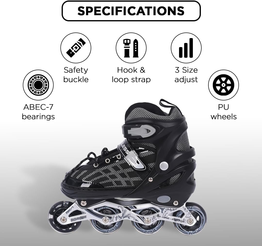 Endless EL1025 Inline Adjustable Skates Aluminium Chassis, 70mm PU Wheels, ABEC 7 Bearings, Flashing Front Wheel