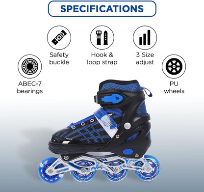 Endless EL1025 Inline Adjustable Skates Aluminium Chassis, 70mm PU Wheels, ABEC 7 Bearings, Flashing Front Wheel