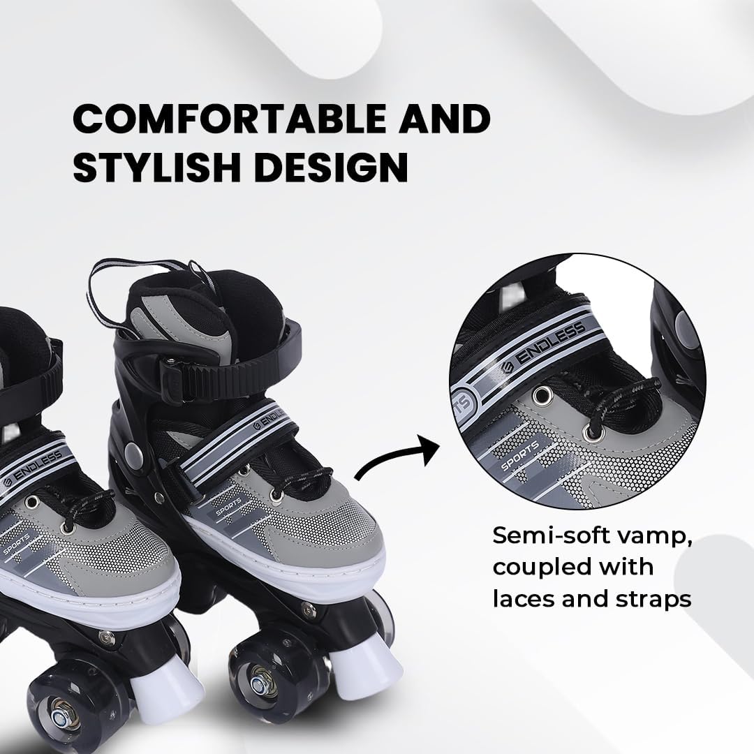 Endless EL1029 Adjustable Roller Skates Medium Size 34 EUR (UK 1.5) - 38 EUR (UK 5) for 6 to 12 Years | Strong Chassis and 70 mm PU Four Flashing Wheels | ABEC 7 Bearings | Indoor and Outdoor