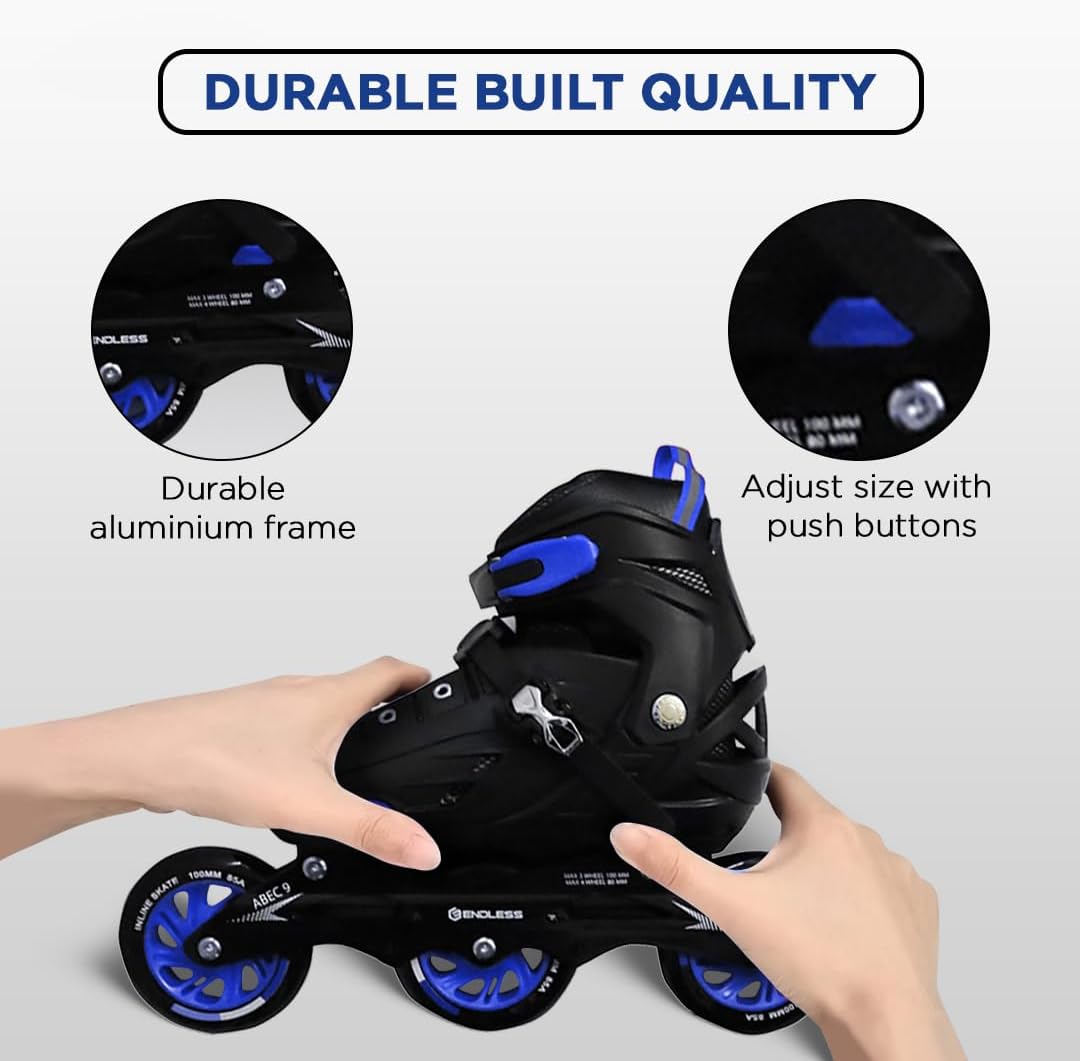 Endless EL1033 Inline Adjustable Skates | Aluminium Chassis and 100 mm PU Three Wheels | with ABEC 9 Bearings | Indoor and Outdoor
