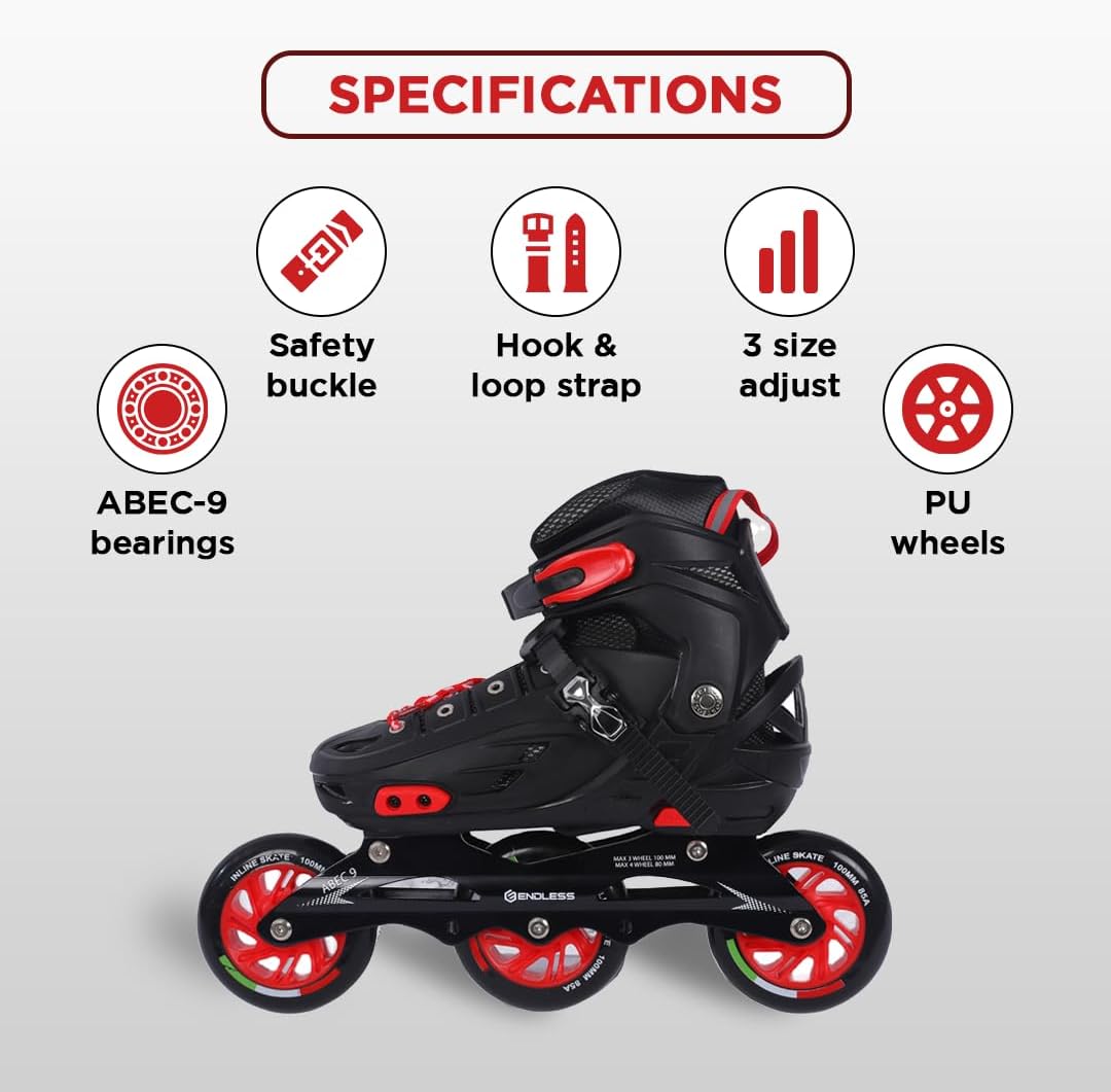 Endless EL1033 Inline Adjustable Skates | Aluminium Chassis and 100 mm PU Three Wheels | with ABEC 9 Bearings | Indoor and Outdoor