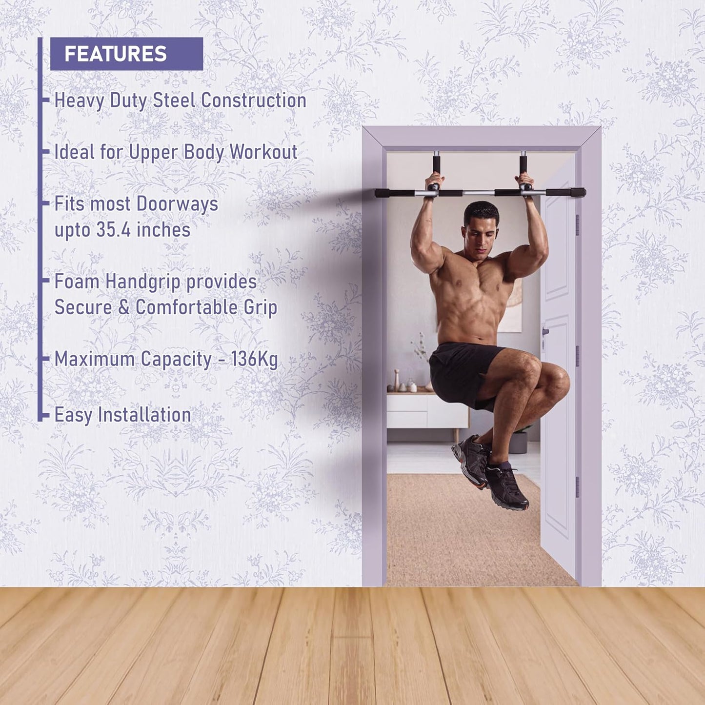 Endless EL1037 Stainless Steel Curved Pull Up Bar for Home Wall | Material: Stainless Steel | For Strengthening Exercises at Home or Gym with Anti-Skid Cushion Grip | For Adult, Men and Women
