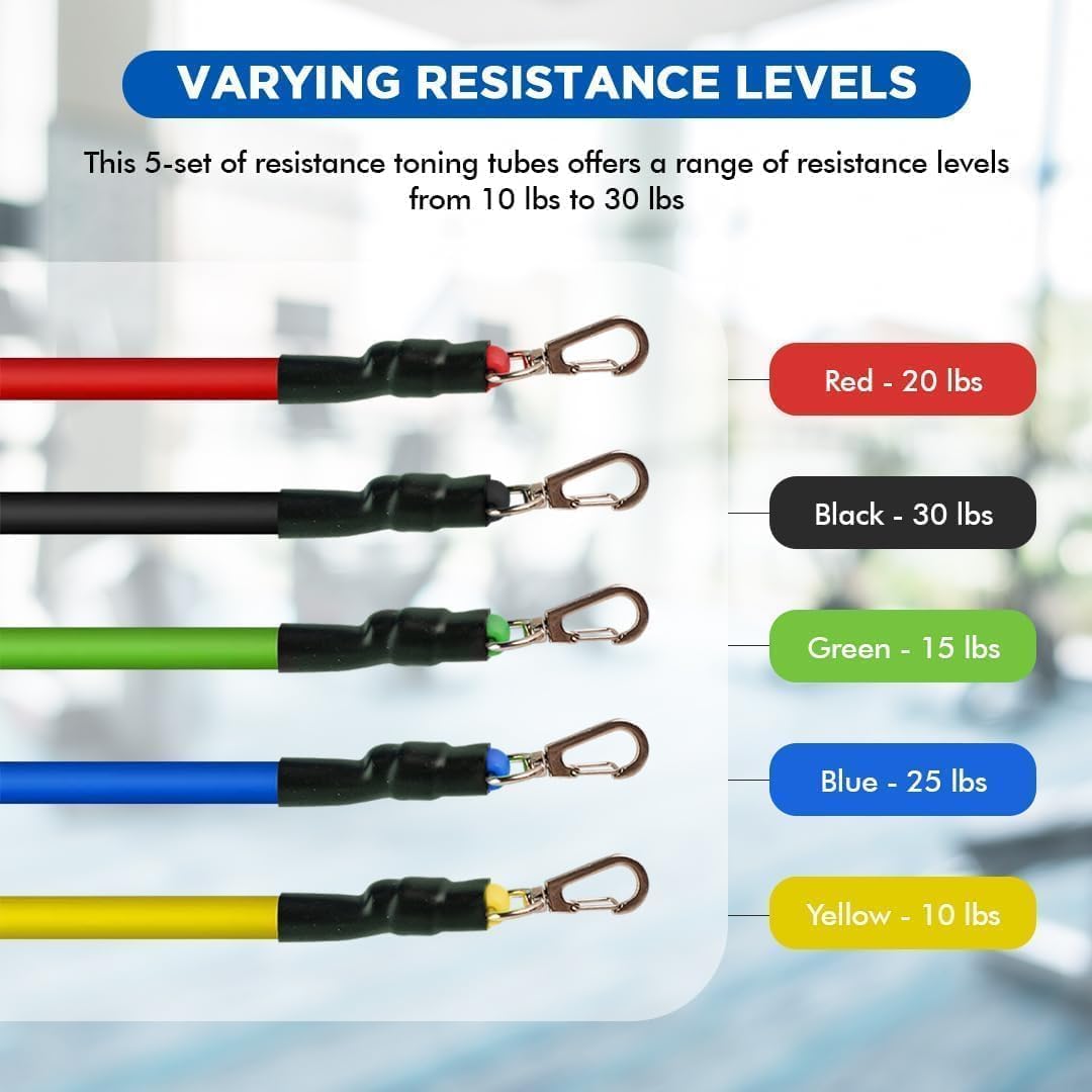 ENDLESS EL1043 Toning Tubes Set of 5 with Different Resistance Levels | Multi Color | Material: Natural Latex | with Door Anchor, Handles, Waterproof Carry Bag, Leg Ankle Straps for Men and Women