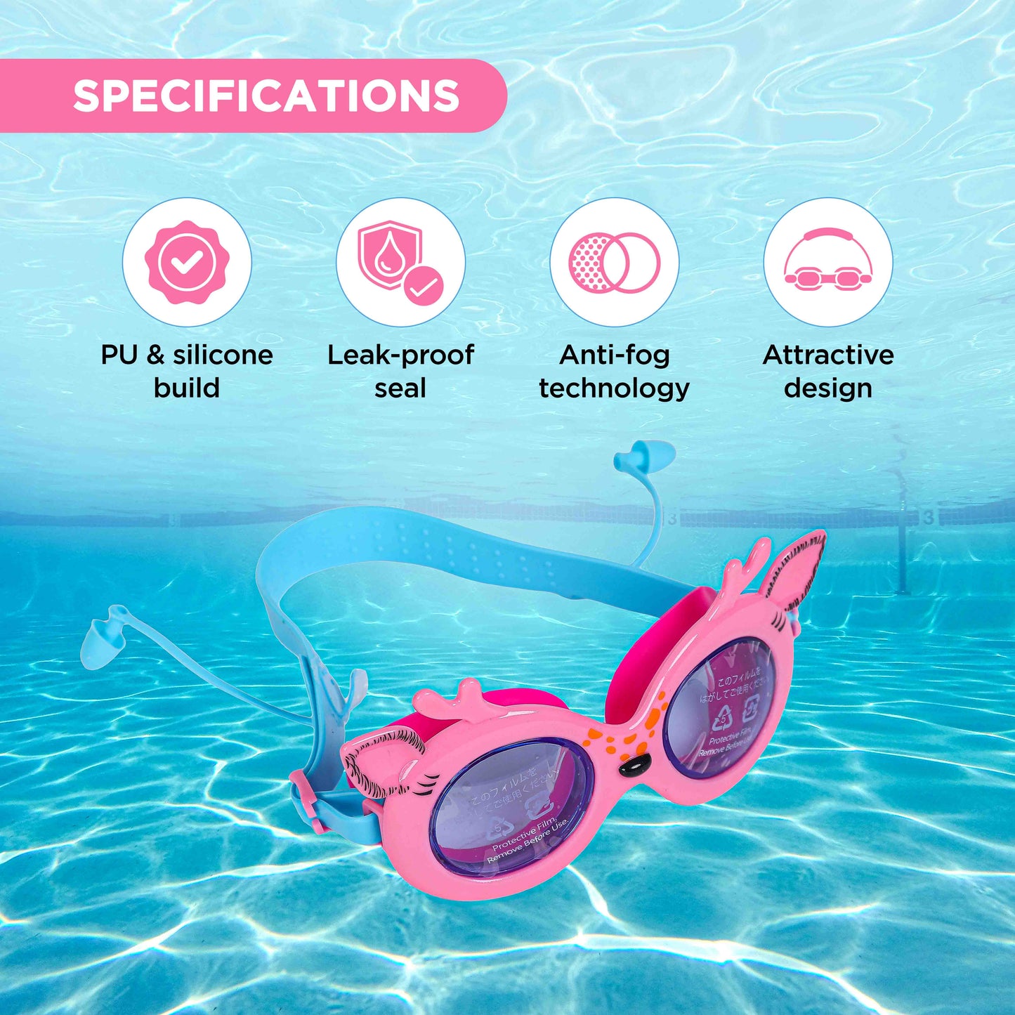 Endless EL1003 Children Swimming Goggle with Anti-Fog and UV Protection | Material : Silicon, PU | Attached Ear Buds and Adjustable Strap | Soft Silicone Gasket for Leak Proof | With Hard Case