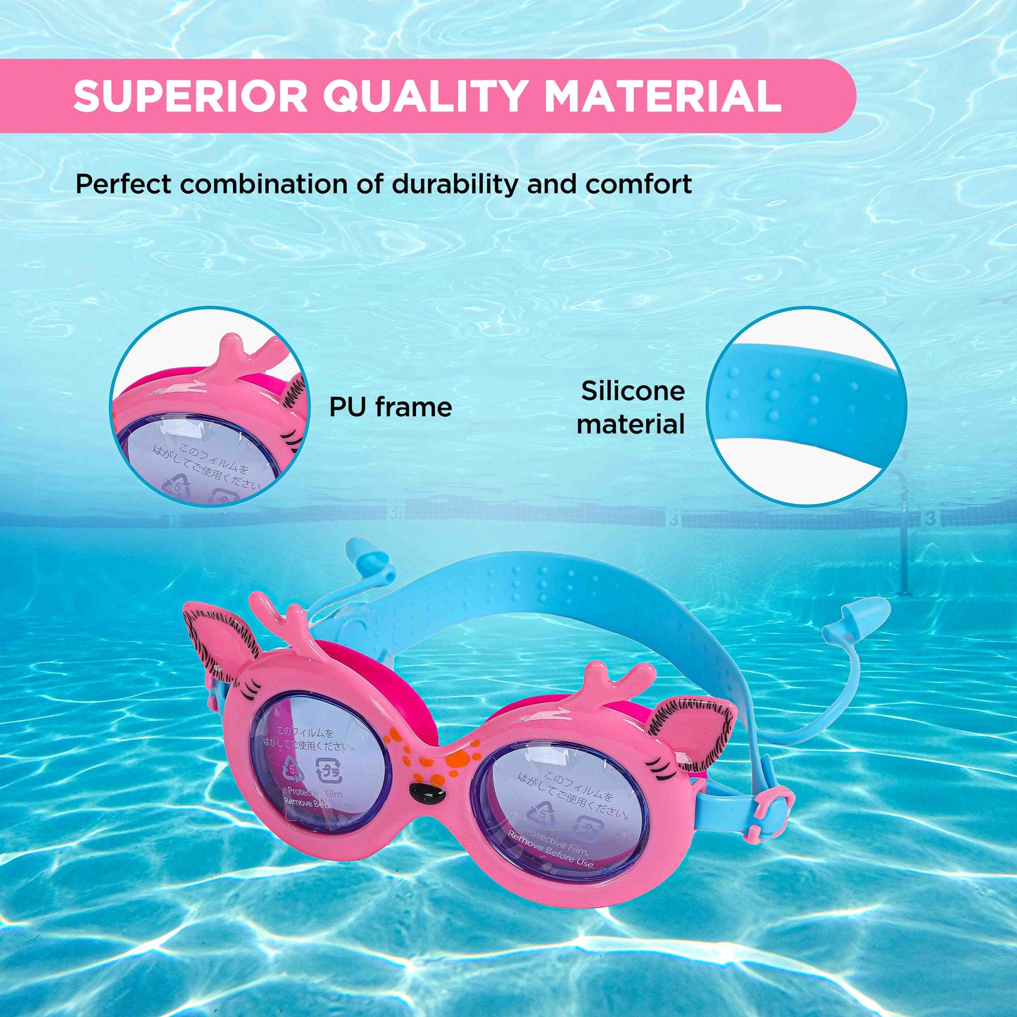 Endless EL1003 Children Swimming Goggle with Anti-Fog and UV Protection | Material : Silicon, PU | Attached Ear Buds and Adjustable Strap | Soft Silicone Gasket for Leak Proof | With Hard Case