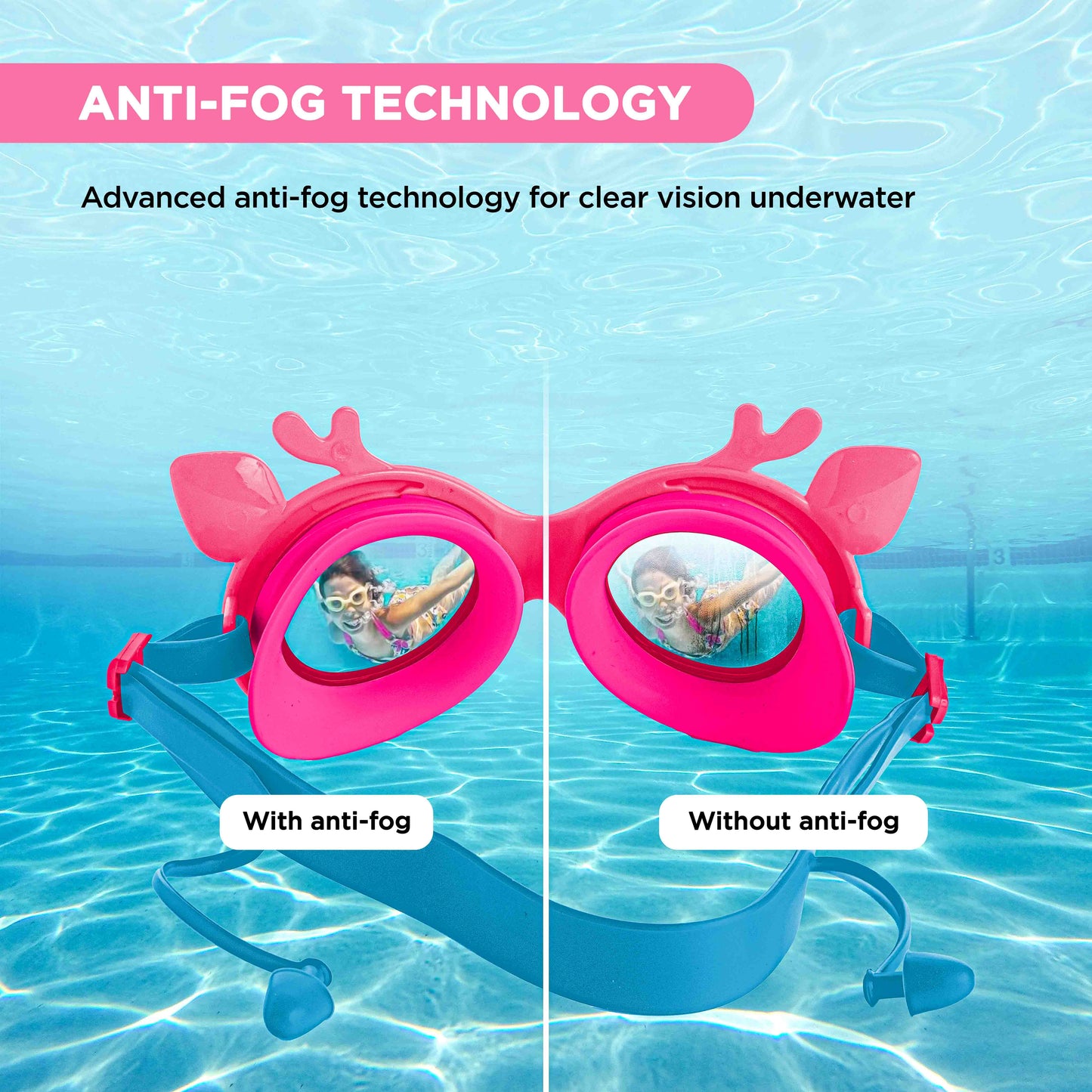 Endless EL1003 Children Swimming Goggle with Anti-Fog and UV Protection | Material : Silicon, PU | Attached Ear Buds and Adjustable Strap | Soft Silicone Gasket for Leak Proof | With Hard Case