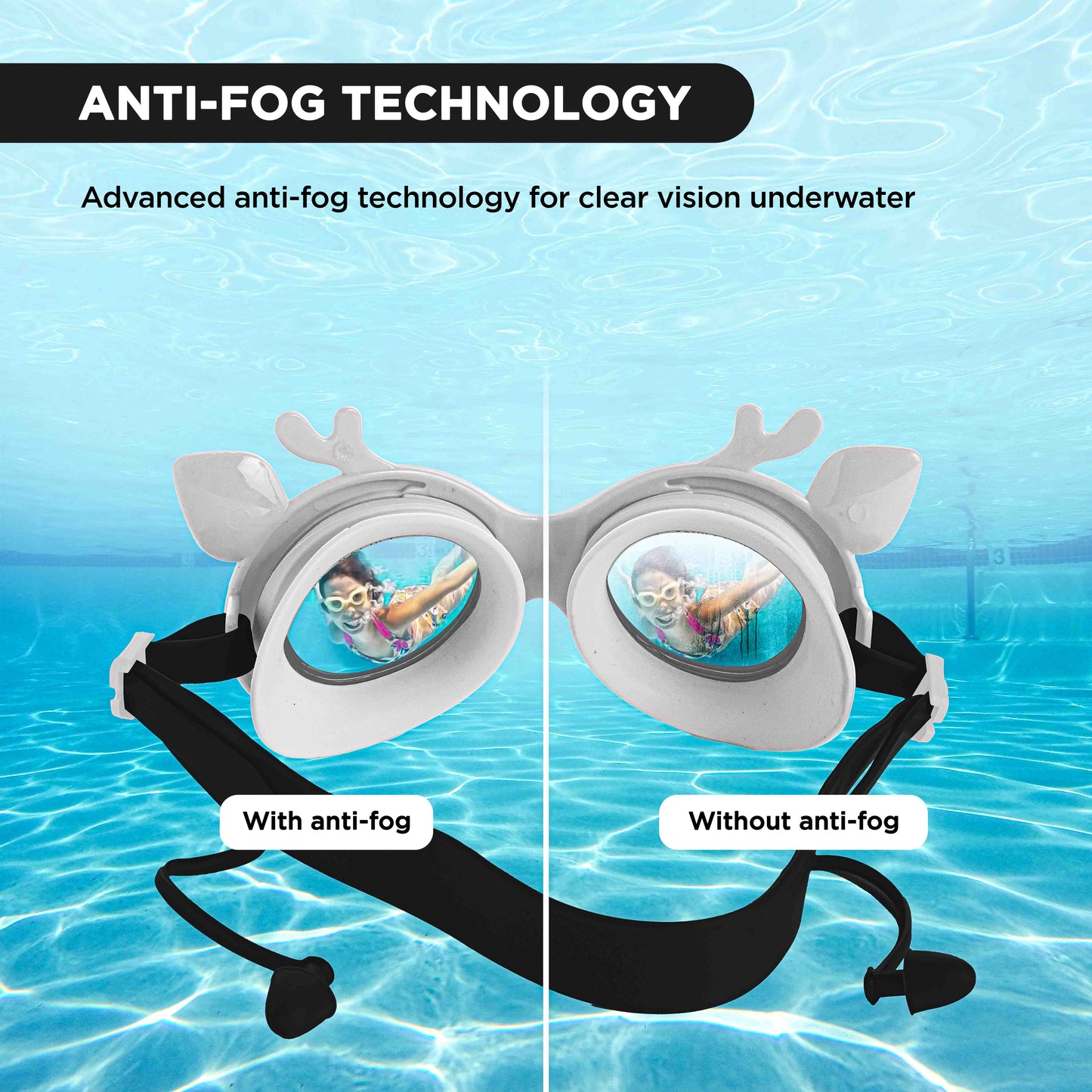 Endless EL1003 Children Swimming Goggle with Anti-Fog and UV Protection | Material : Silicon, PU | Attached Ear Buds and Adjustable Strap | Soft Silicone Gasket for Leak Proof | With Hard Case