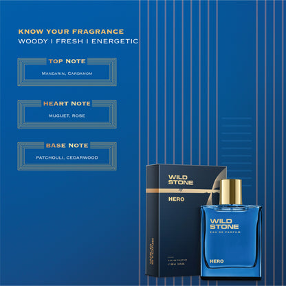 Wild Stone Hero Long Lasting Premium Perfume for Men | Eau de Parfum (EDP) | 100 ml / 3.4 Fl oz | Best Gift for Him l Premium Perfume for Men l Infused with Aromatic & Marine Notes