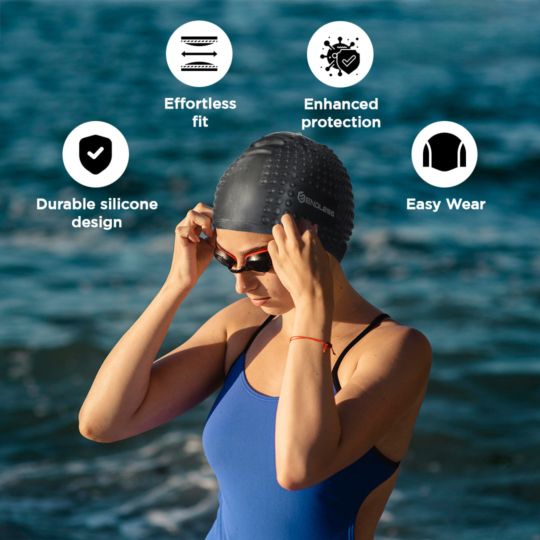 Endless EL1021 Comfortable Silicon Swimming Cap with Bubble Design | Elastic Waterproof Swimming Cap for Long and Short Hair with Thicker Edge | For Adults, Women and Men| Size:Free Size | Material : Silicon