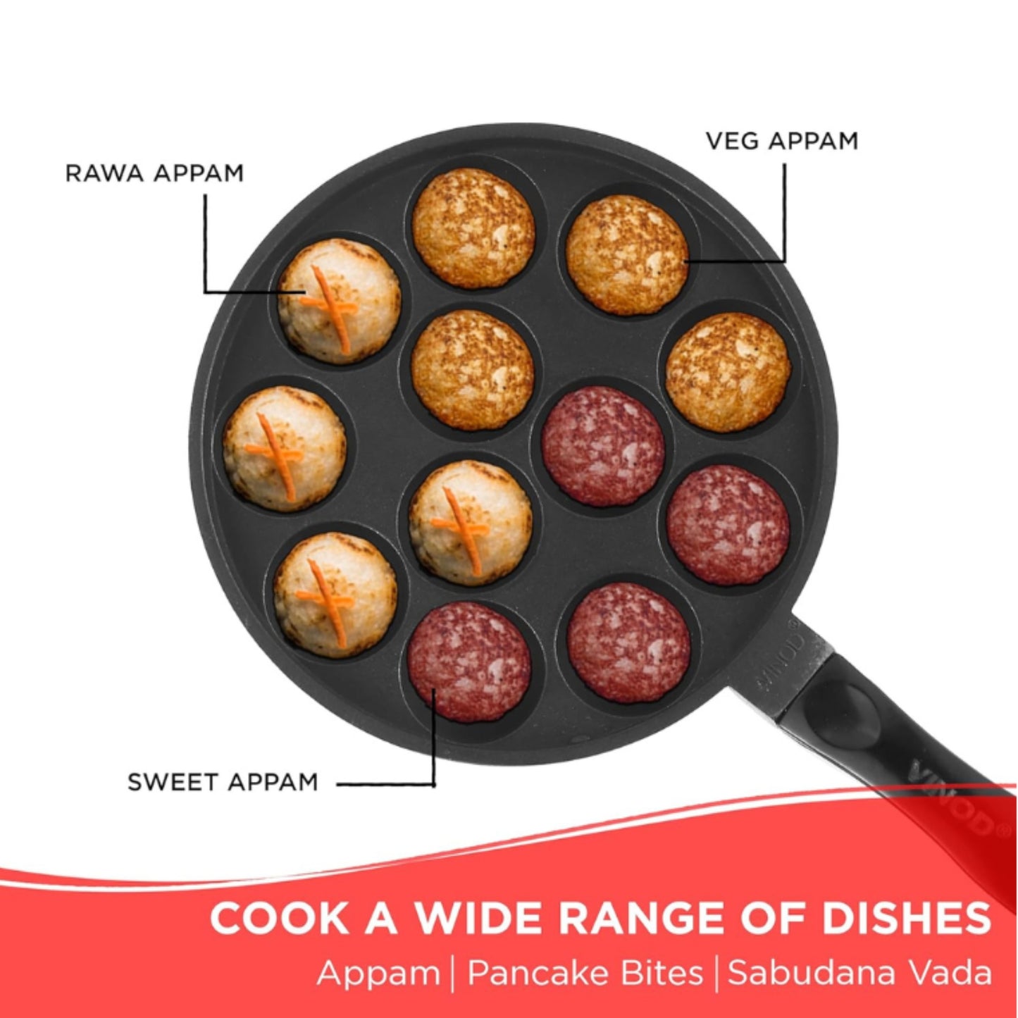 Vinod Zest Aluminium Non Stick Paniyarakal With Glass Lid - 12 Cavities, 8 inches | 3Mm Thick | 3 Layer Coating | Metal Spoon Friendly |Toxin Free | 1 Year Warranty - Black