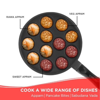 Vinod Zest Aluminium Non Stick Paniyarakal With Glass Lid - 12 Cavities, 8 inches | 3Mm Thick | 3 Layer Coating | Metal Spoon Friendly |Toxin Free | 1 Year Warranty - Black