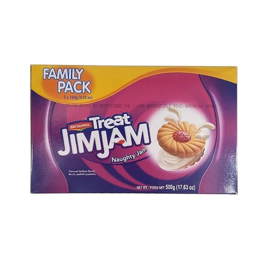 Britannia Treat Jimjam Naughty Jam Biscuits | Cream-Filled Cookies with Fruity Jam Center | Family Pack of 5 | 500g (5 x 100g)