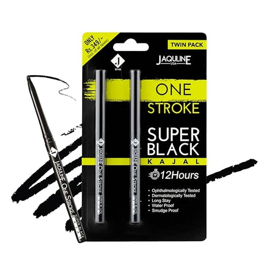 Jaquline USA OneStroke Super Black Kajal | Twin Pack (0.30g + 0.30g) | Intense Long-Lasting Eye Liner Pencil – Smudge-Proof and Waterproof