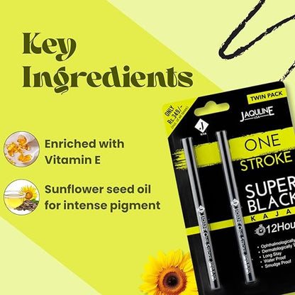 Jaquline USA OneStroke Super Black Kajal | Twin Pack (0.30g + 0.30g) | Intense Long-Lasting Eye Liner Pencil – Smudge-Proof and Waterproof
