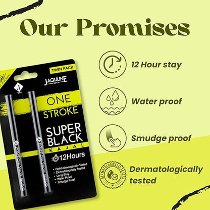 Jaquline USA OneStroke Super Black Kajal | Twin Pack (0.30g + 0.30g) | Intense Long-Lasting Eye Liner Pencil – Smudge-Proof and Waterproof