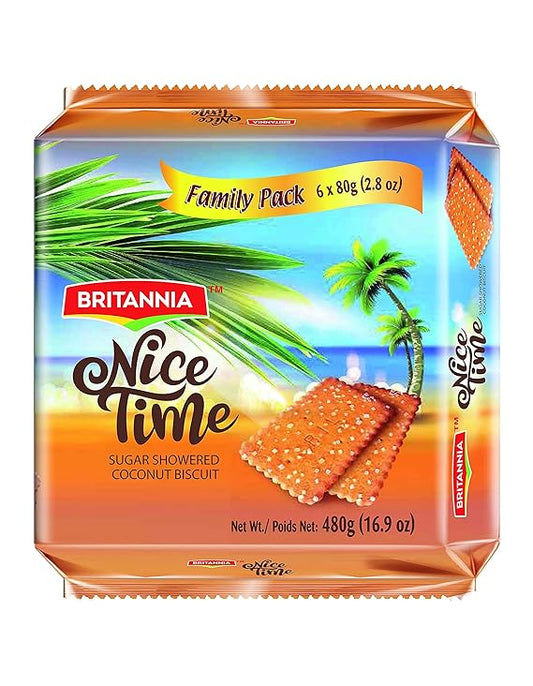 Britannia Nice Time | 16.9oz (480g) | Delicious Coconut Biscuit – Crunchy & Sweet Snack | Kids’ Favorite for Breakfast & Tea Time | Pack of 1