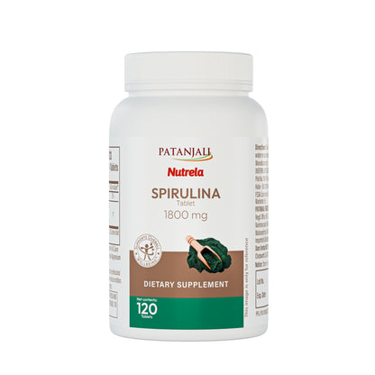 Patanjali Nutrela Spirulina 1800 mg | Natural Superfood Supplement for Energy, Immunity & Overall Wellbeing | 120 Tablets | Vegetarian  | Unflavoured |  For Adults
