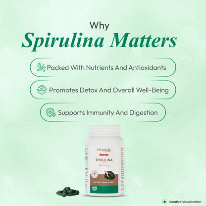 Patanjali Nutrela Spirulina 1800 mg | Natural Superfood Supplement for Energy, Immunity & Overall Wellbeing | 120 Tablets | Vegetarian  | Unflavoured |  For Adults