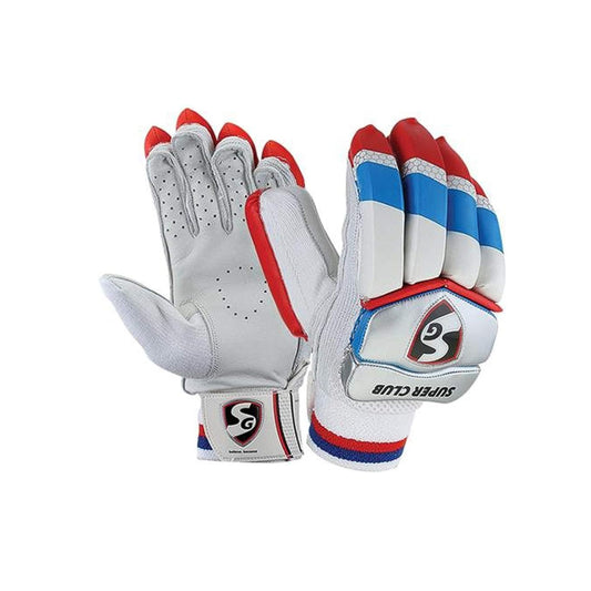 SG Super Club Batting Gloves | White | Men's size| Leather, Cotton, PVC, TPU | Men | Comfortable Fit | Durable Material | Breathable | Adjustable | High Protection