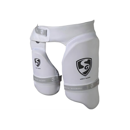 SG Ultimate Combo Thigh Guard | White | Men RH | Polyester | Men | Customised Adjustment | Thigh & Inner Thigh Guard | Comfort-Fit Elasticated Straps | Fully Adjustable | Secure Fit