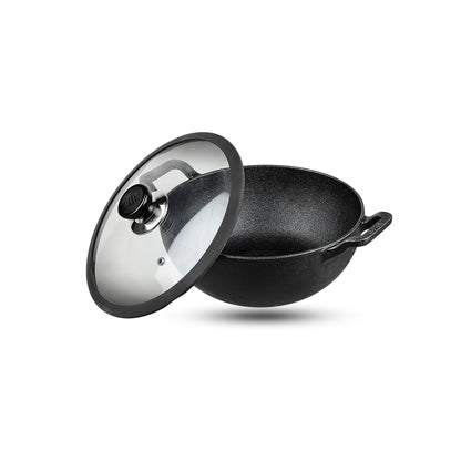 Vinod Legacy Pre Seasoned Cast Iron Kadai with Glass Lid - 81 oz , 8 inches | Naturally Non Stick Kadhai for Cooking | 100% Pure | Toxin Free | Safety Sleeve | Rust Proof