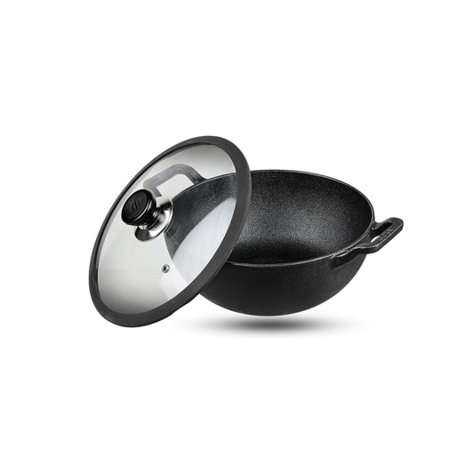 Vinod Legacy Pre Seasoned Cast Iron Kadai with Glass Lid - 81 oz , 8 inches | Naturally Non Stick Kadhai for Cooking | 100% Pure | Toxin Free | Safety Sleeve | Rust Proof