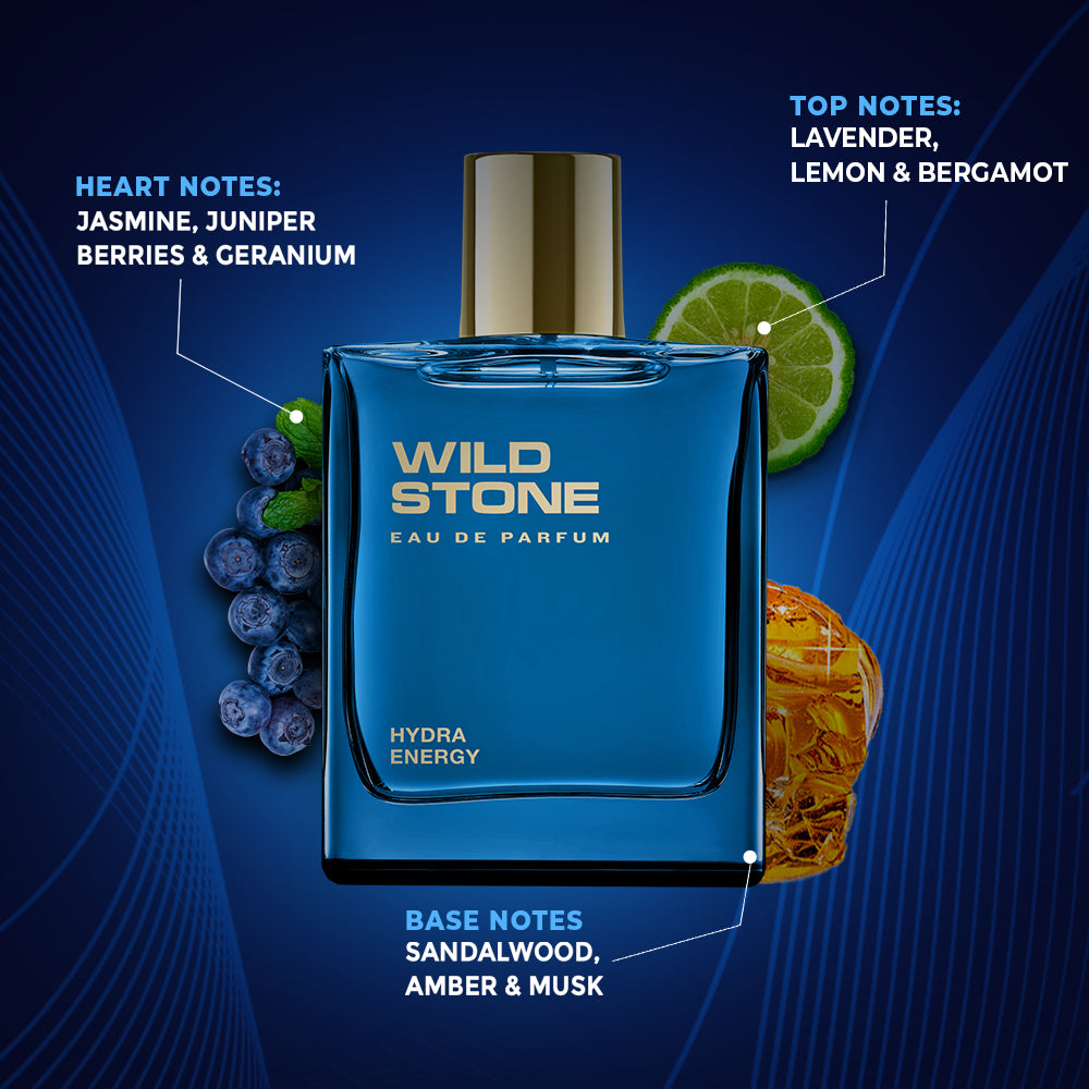 Wild Stone Hydra Energy Long Lasting Perfume Spray for Men | Eau de Parfum (EDP) | 100 ml / 3.4 Fl oz | Refreshing Fragrances for Modern Man | Citrus & Aquatic Freshness | Gift-Ready