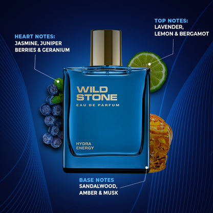 Wild Stone Hydra Energy Long Lasting Perfume Spray for Men | Eau de Parfum (EDP) | 100 ml / 3.4 Fl oz | Refreshing Fragrances for Modern Man | Citrus & Aquatic Freshness | Gift-Ready